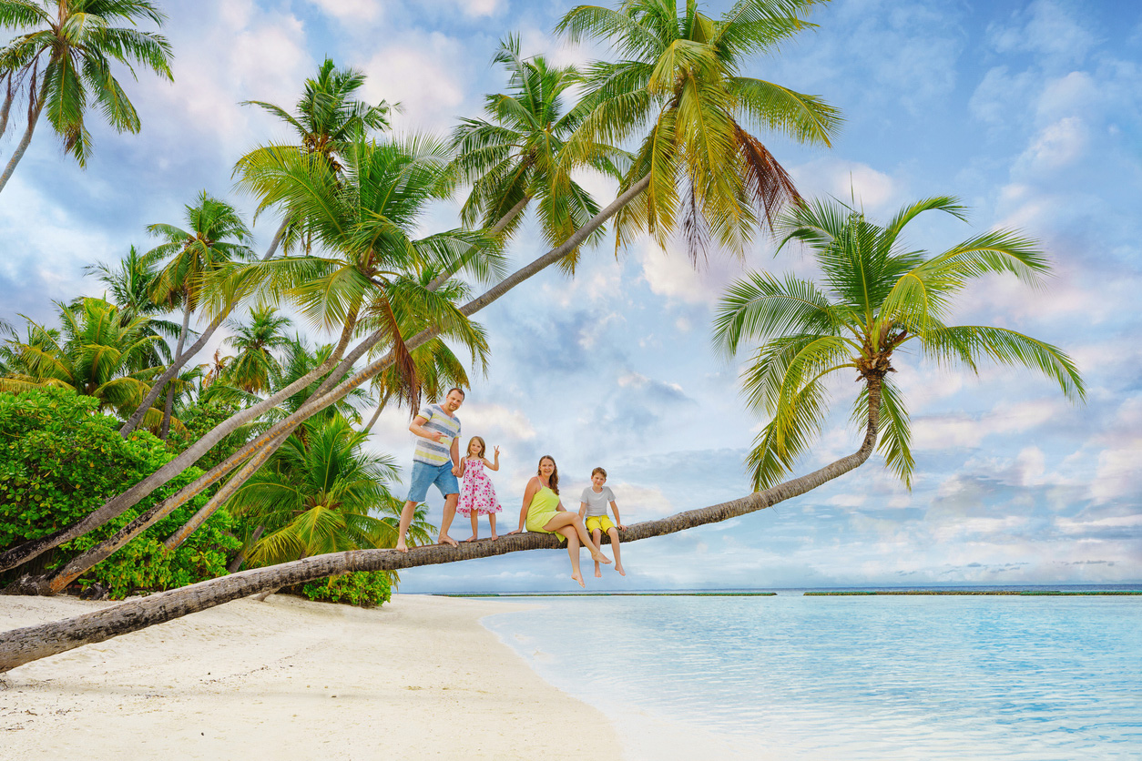 Young family on vacation have a lot of fun on palm tree